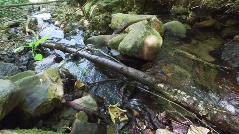 A small waterfall in the mountains. Mountain river in the gorge. Walk through Stock Footage 166379655