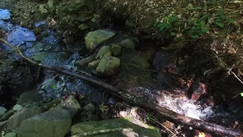 A small waterfall in the mountains. Mountain river in the gorge. Walk through Stock Footage 167170411