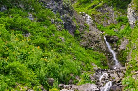 Small waterfall in the mountains in summer Foto stock