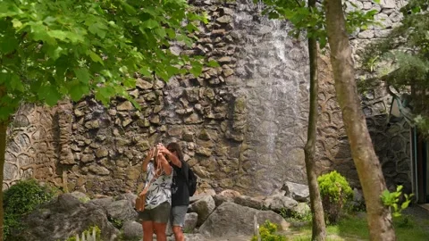 Small waterfall in the park and couple Stock Footage 310894563