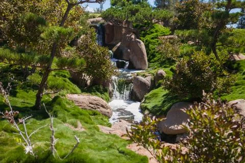 Small waterfall in the park at summer time Stock Photos
