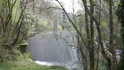 Small waterfall in a reservoir Stock Footage 239913055
