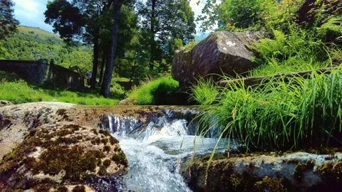 Small waterfall from the river in the mountains. Fresh water on the rocks Stock-Footage 156033911