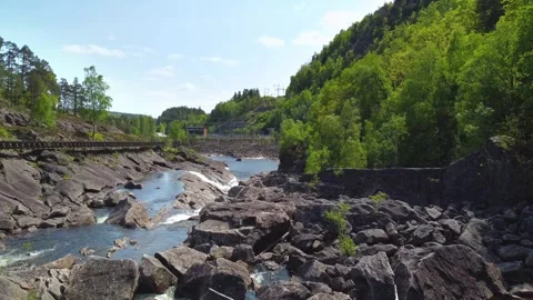 Small Waterfall River Otra, Lumber Slide, Steinsfoss Power Station - Norway Stock Footage 258289867