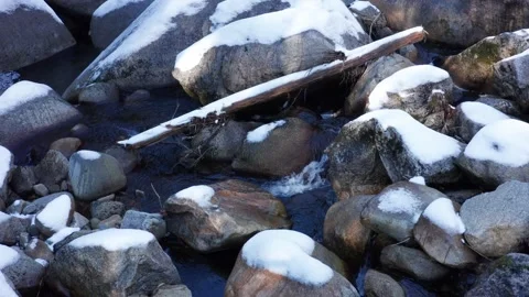 Small waterfall river Snow covered rocks Stock Footage 261351384