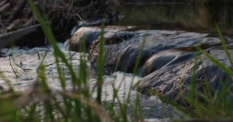 Small Waterfall at River on Sunset Stock Footage 159098504