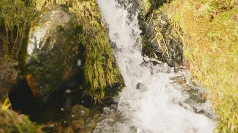 A small waterfall running down the side of a hill, covered in grass and moss Video stock 126600045