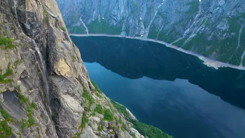 Small Waterfall At The Side Of The Mountain 4K Areal Stock Footage 249907175