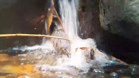Small Waterfall Splashing on Rocks in Dark Jungle Stream 4K Видео 343077856
