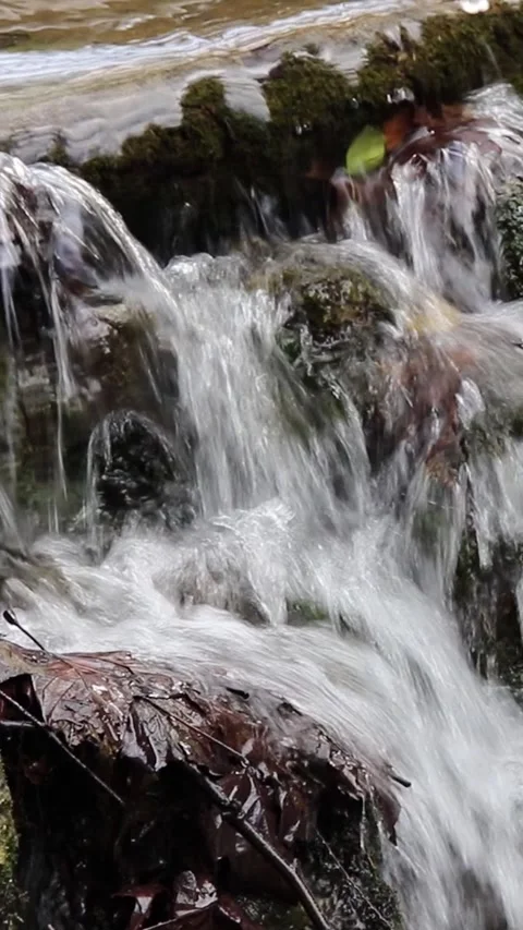 Small waterfall in a stream with clear water vertical video Stock Footage 279255320