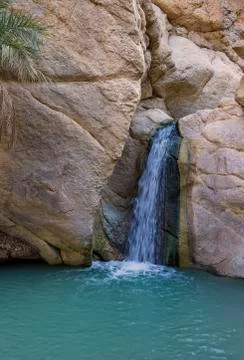 A small waterfall, a stream located in an oasis 스톡 사진