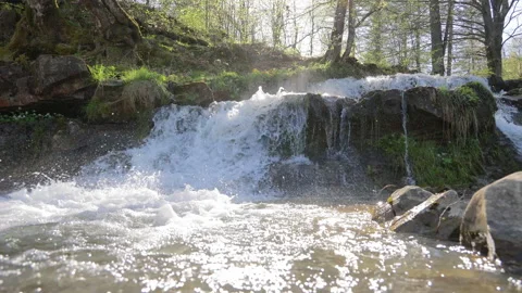 Small waterfall on a sunny day. A small mountain river flowing through the Stock Footage 242859542