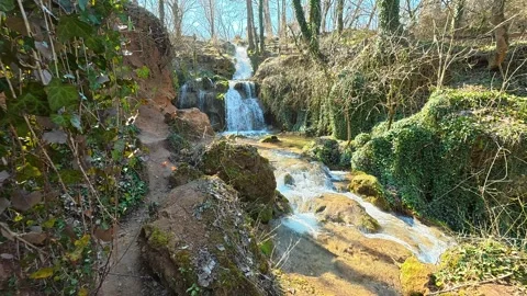 Small waterfall tumbles over mossy rocks. Mount Ozren Vidéo 330664305