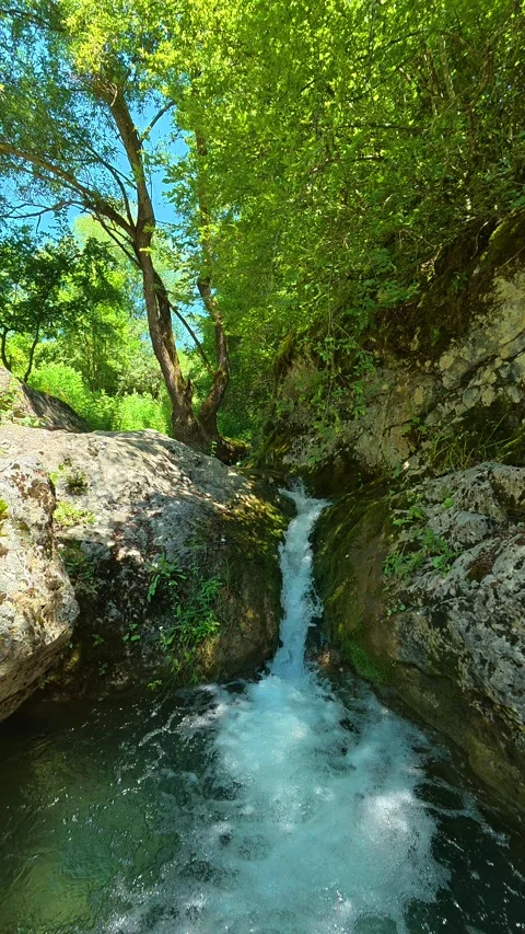 Small waterfall tumbles over mossy stones. Gradasnica River Canyon, Vertical Stockbeeldmateriaal 342327696