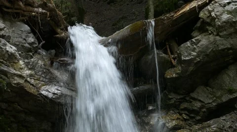 Small waterfall with wood Close up Stock Footage 56163774