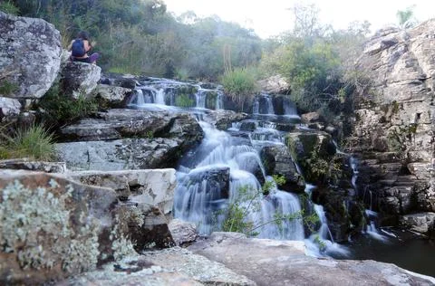 Small waterfalls that flow through the vegetation of the Quebrada de los Cuer Stock-Fotos