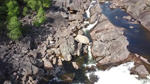 Small Waterfalls with Smooth Rocks in River Otra - Grovane, Norway - 2.7K Aerial Stock-Footage 258290105