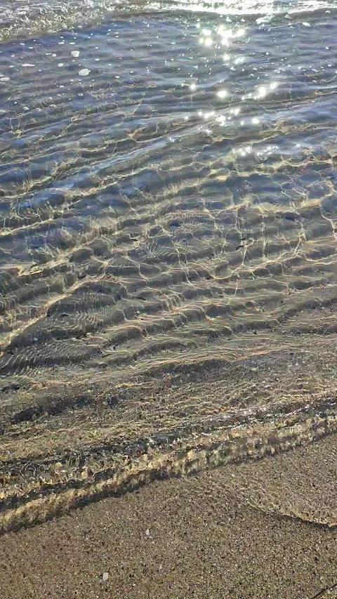 Small waves of clean transparent water rolling onto sand of shore on sunny day Stock Footage 295089362