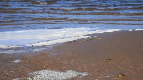 Small waves drive white foam onto the sandy shore Stock Footage 118505760