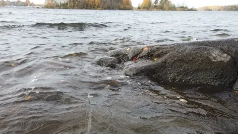 Small waves hitting rocky shore, Lappeenranta Finland Stock Footage 163331319
