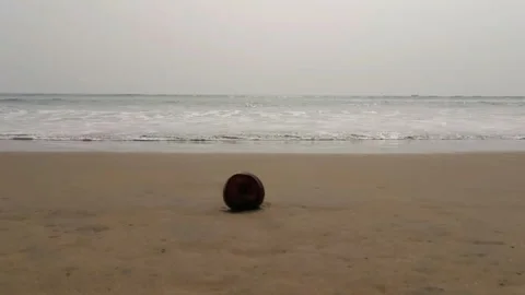 Small Waves Hitting the Sand having a coconut shell in the foreground 스톡 동영상 331115174