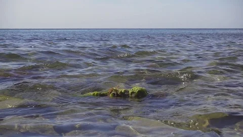 Small waves roll on a rock in the water on the shore slow motion Stock-Footage 80452010