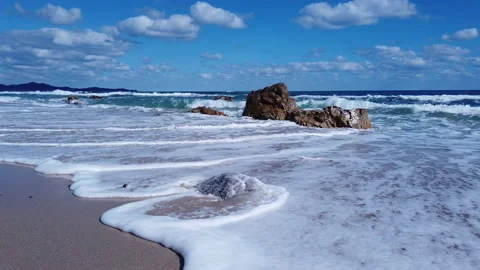 Small waves roll onto the shore with bundles of algae Stock Footage 148540141