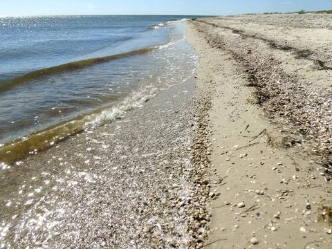 Small waves roll onto the summer sea beach with small stones and shells Stock Photos