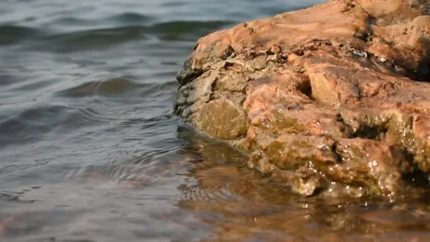 Small waves touching the big rock in a shore of a lake. Stock Footage 131584997