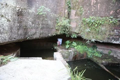 A small well in the ground, which is surrounded by green plants and has an .. Stock Photos