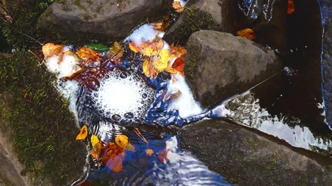 A small whirlpool among the rocks and fallen leaves Stock Footage 152083473