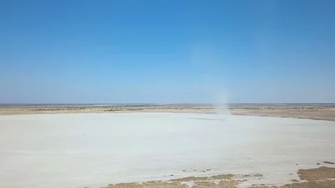 Small whirlwind kicking up dust on the edge of a salt pan in the Kalahari des Video stock 80988503