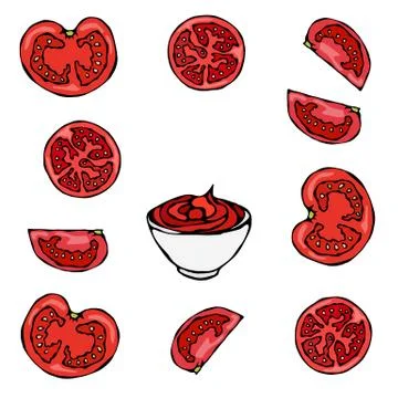 Small White Bowl of Red Tomato Ketchup and Cut Tomatoes. Sauce For Italian Cu Stock Illustration