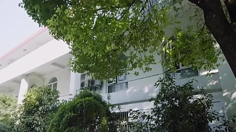 Small white building next to the shade Stock Footage 234495605