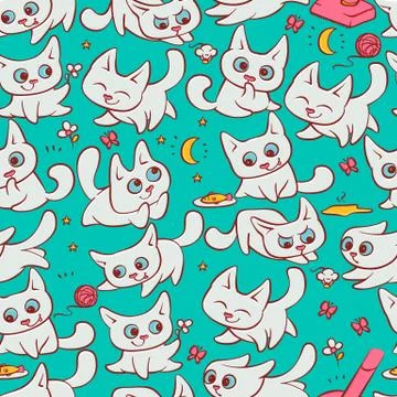 Small white cats seamless pattern different emotions. Kitty play with ball Stock-Illustration