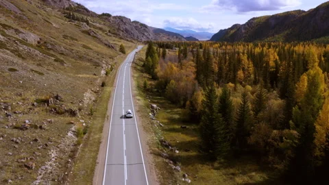 Small white family hatchback moving through picturesque landscapecar driving Stock Footage 157440107