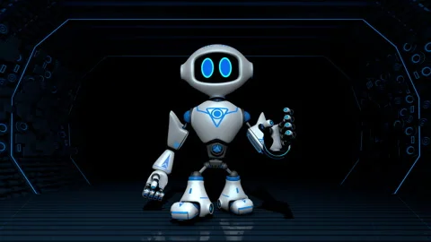 Small white robot with blue graphics walking  inside a dark tunnel Stock Footage 346307360