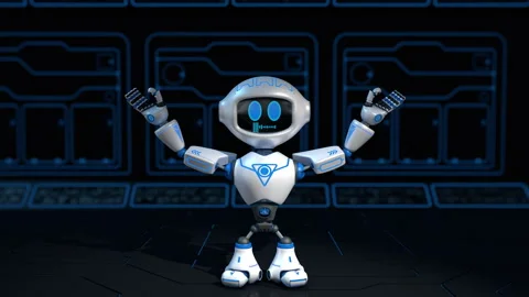 A small white robot with blue graphics opens a door in its head  Stock Footage 346307367