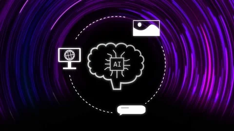 Small white stroke expanding, AI brain forming with AI chip, icons orbiting, Stock Footage 334729057