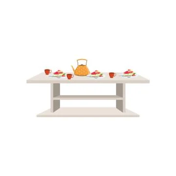 Small white table setting with three tea cups and cake on a plates vector 스톡 일러스트