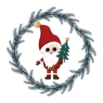 Small winter gnome with long white beard, happy face and gift in fir tree frame Stock Illustration