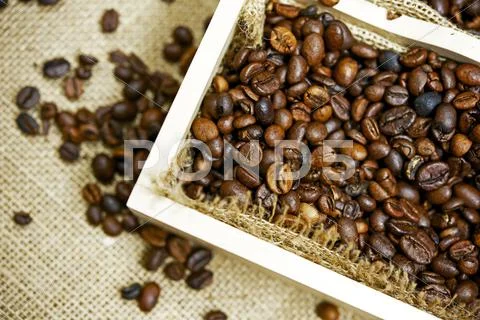 Small Wood Coffee Box With Linen. Coffee Theme. Food And Drink Photo Collecti