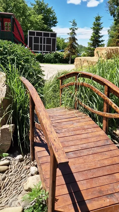 Small Wooden Arched Bridge Over Stone Garden Path in Summer Sunlight Video stock 339085219