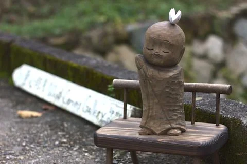 Small Wooden Ksitigarbha (Jizo) Figurine at Philosopher's Path in Kyoto, Japa Stock Photos