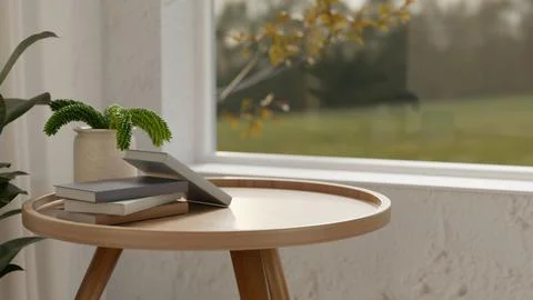 Small wooden table with stack of books near window Stock Illustration