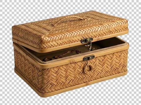 Small woven wicker box with a slightly open lid isolated on transparent bac.. Stock Photos