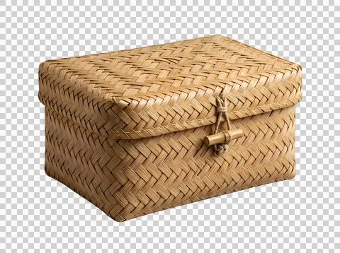 Small woven wicker storage box with lid isolated on transparent background Stock Photos