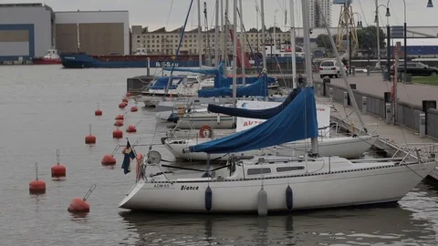 Small yachts in the marina, harbor Stock Footage 98493012