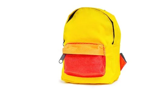Small Yellow Backpack Isolated on White Background Stockfoto's