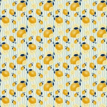 Small Yellow Lemons and Blue Stripes Seamless Pattern Stockillustratie